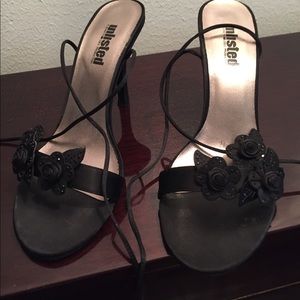 Black satin tie up shoe with satin Roses